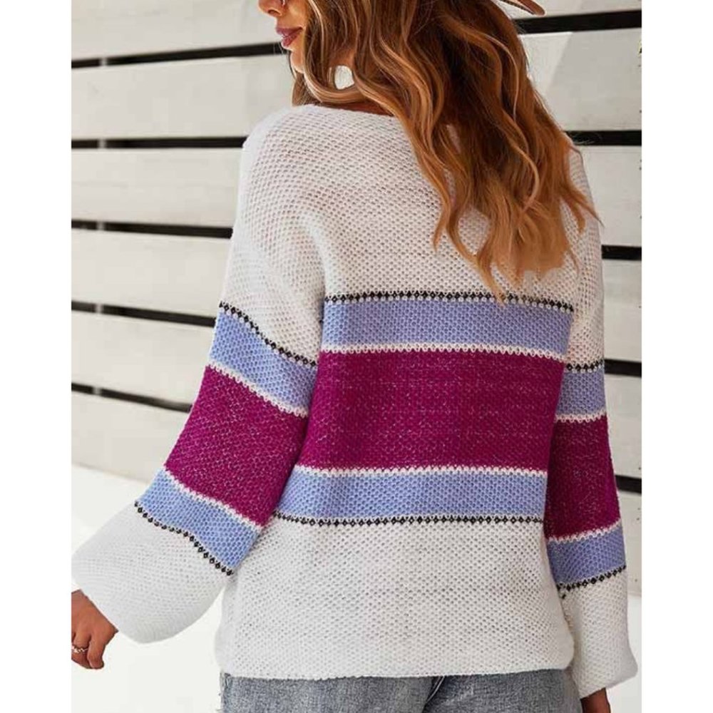 Boat Neckline Color Stripe Sweater - Picture 4 of 5